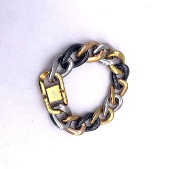 Stainless Steel Chunky Link Chain Bracelet Tow Tone Fold Over Closure - Picture 2 of 5